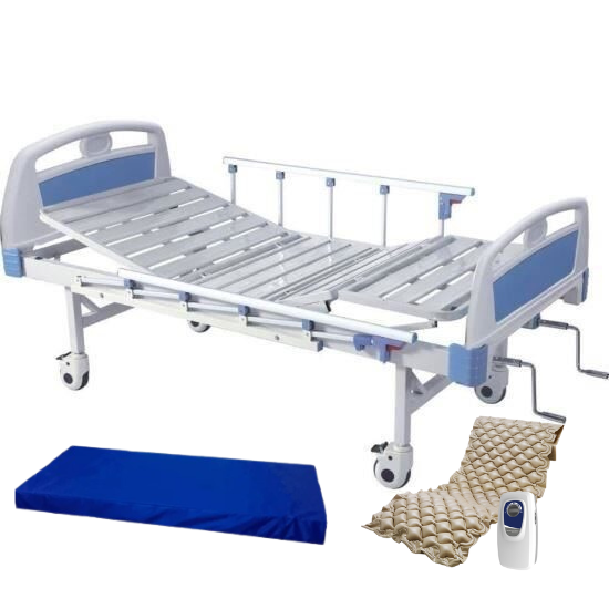 Pat spital manual cu 2 functii, cu saltea inclusa MaxiBuy® – panouri ABS, laterale aluminiu, roti silentioase, masa servire si stativ perfuzie