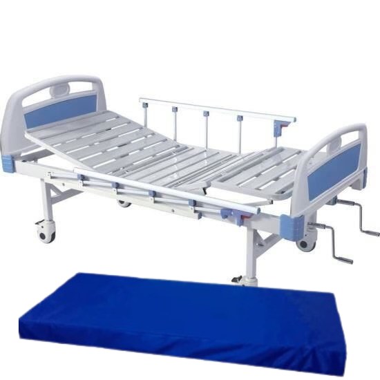 Pat spital manual cu 2 functii, cu saltea inclusa MaxiBuy® – panouri ABS, laterale aluminiu, roti silentioase, masa servire si stativ perfuzie