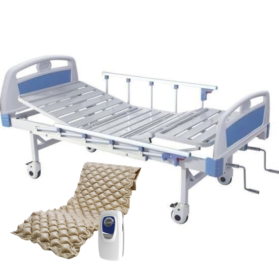 Pat spital manual cu 2 functii, cu saltea inclusa MaxiBuy® – panouri ABS, laterale aluminiu, roti silentioase, masa servire si stativ perfuzie