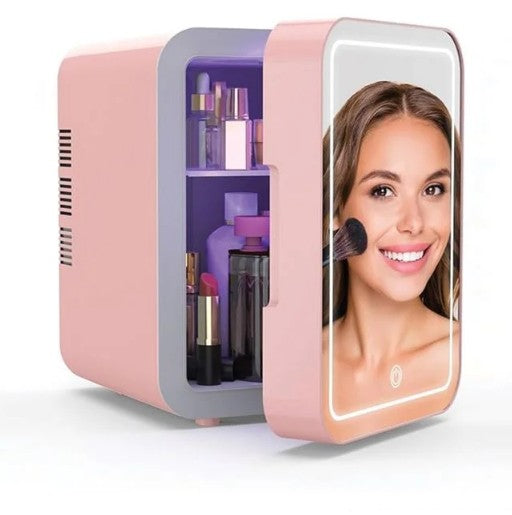 Mini Beauty Fridge cu Oglindă și LED – Ideal pentru Cosmetice