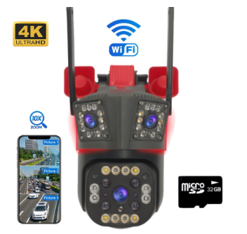 Camera De Supraveghere MaxiBuy.ro® Tripla WiFi/4G, 12MP Ultra HD, 8K, PTZ 355°, Zoom Optic 5X, Vedere Nocturna Color, Audio Bidirectional, Senzor Miscare, Exterior/Interior, Alarma Inteligenta – Card de 32 GB Inclus, Negru