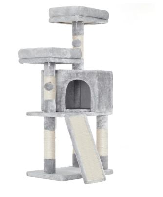 Ansamblu de joaca pisici, tip copac, cu 2 culcusuri si ascunzatoare, 50x35x115 cm, gri deschis