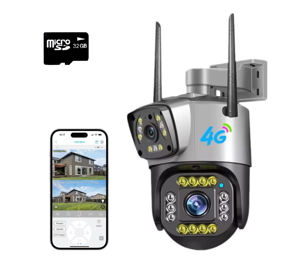 Camera De Supraveghere MaxiBuy.ro® Dubla Wireless, 2 Lentile Ultra HD, Comunicare Bidirectionala, Control prin Aplicatie Android/iOS/PC, Senzor Miscare, Vedere Nocturna Color, Exterior/Interior – Card de 32 GB Inclus, Gri/Negru