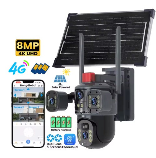 Camera de Supraveghere 4G Solara MaxiBuy.ro® – 2 in 1, 4K Ultra HD, Exterior/Interior, Baterie 8000 mAh, SIM, Panou Solar, Vedere Nocturna Color, Comunicare Bidirectionala, Alarma si Card 64 GB Inclus