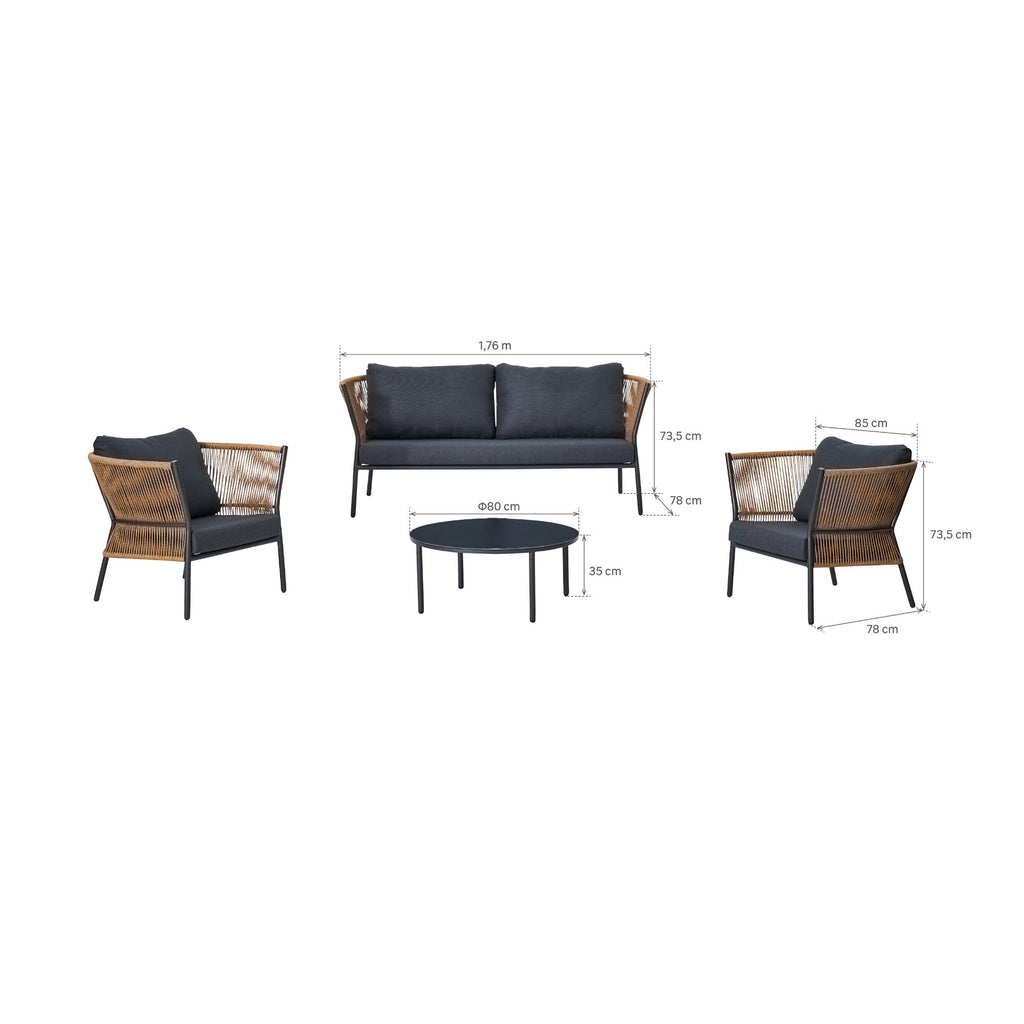 Set mobilier gradina Fuji, pentru 4 persoane, otel/ratan sintetic/sticla, gri