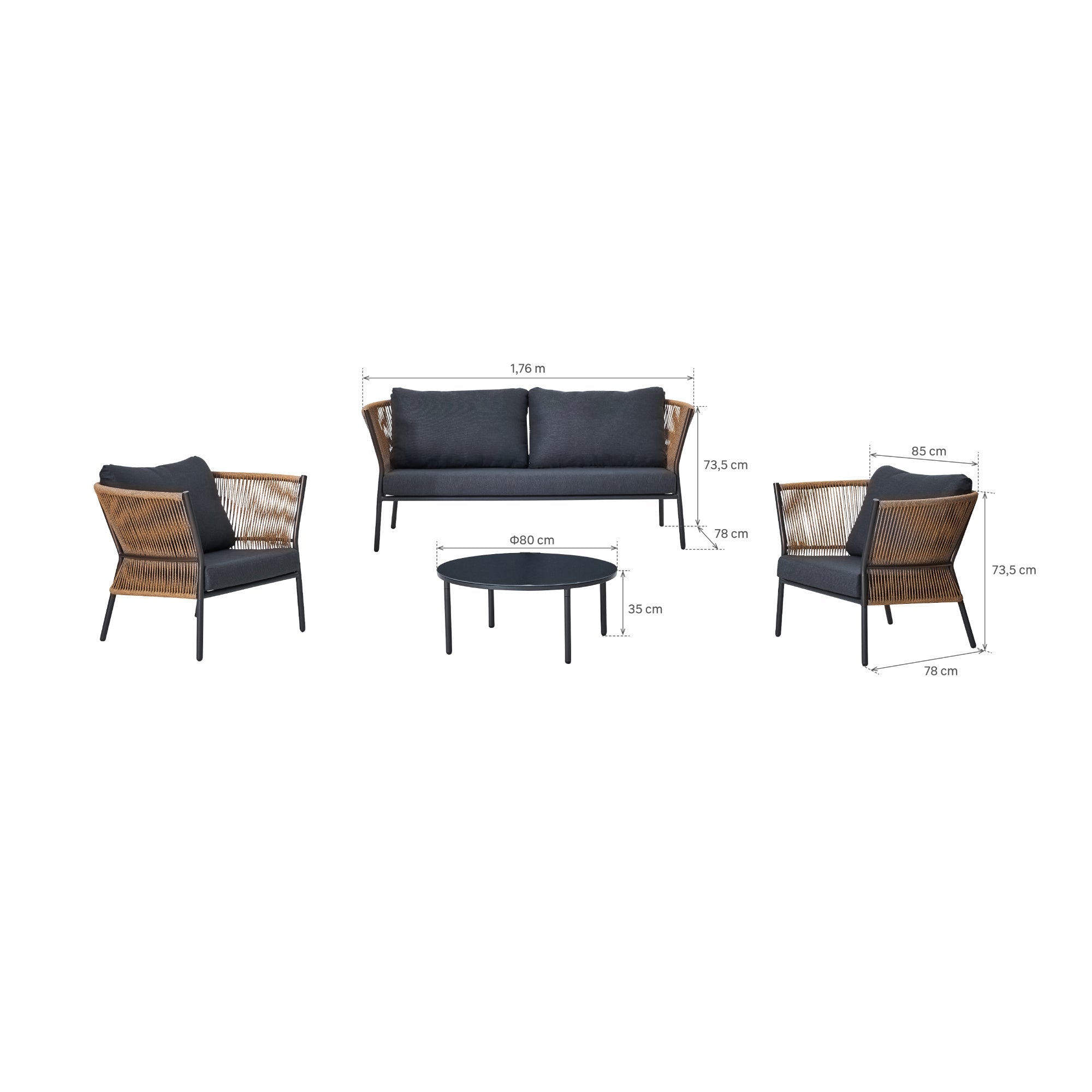 Set mobilier gradina Fuji, pentru 4 persoane, otel/ratan sintetic/sticla, gri