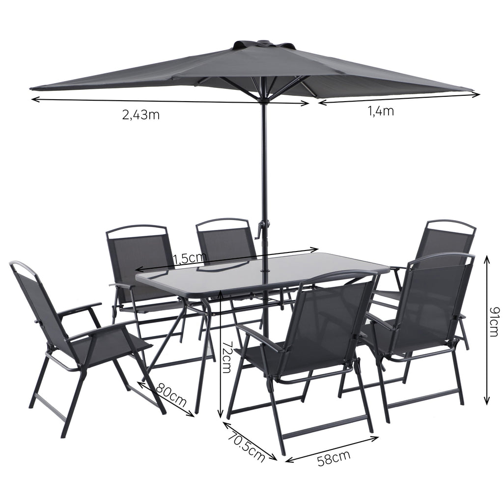 Set masa si scaune Doma, pentru 6 persoane, cu umbrela, otel/textilen/sticla, gri