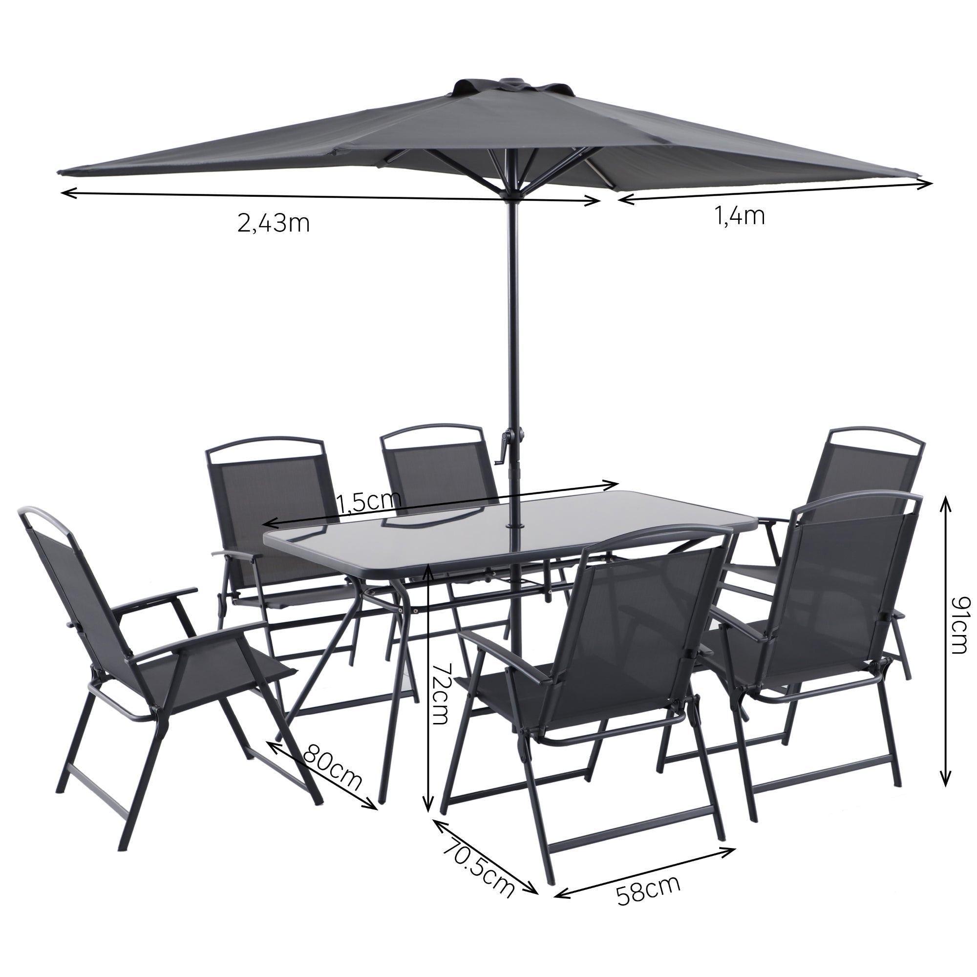 Set masa si scaune Doma, pentru 6 persoane, cu umbrela, otel/textilen/sticla, gri