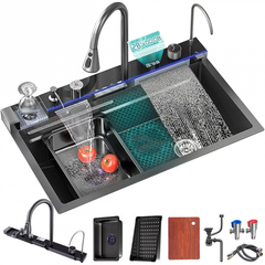 Chiuveta Inteligenta MaxiBuy.ro® 4-in-1, cu Afisaj Digital LED, Robinet Tip Cascada, Dozator de Sapun Integrat, Spalator Pahare, Inox SUS304, Design Modern Premium, Negru