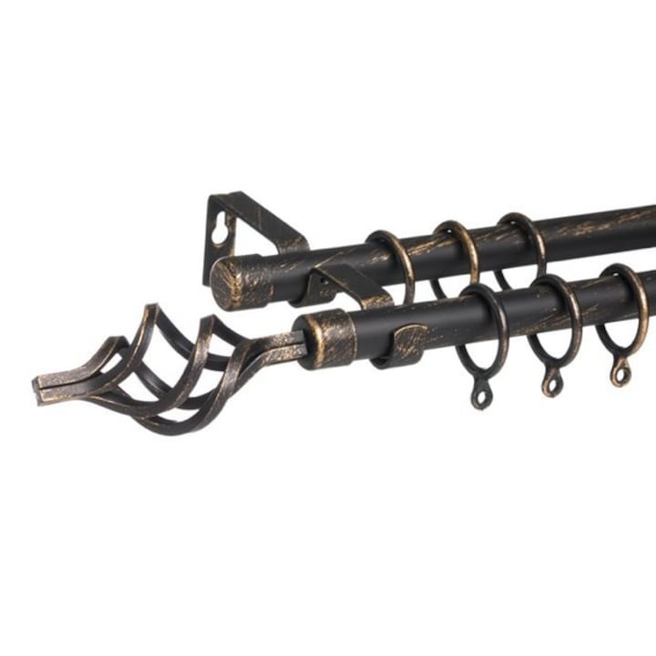 Galerie perdea sau draperie, dubla, metalica, vintage, negru/auriu, cu lungime reglabila, 110-200 cm - MaxiBuy