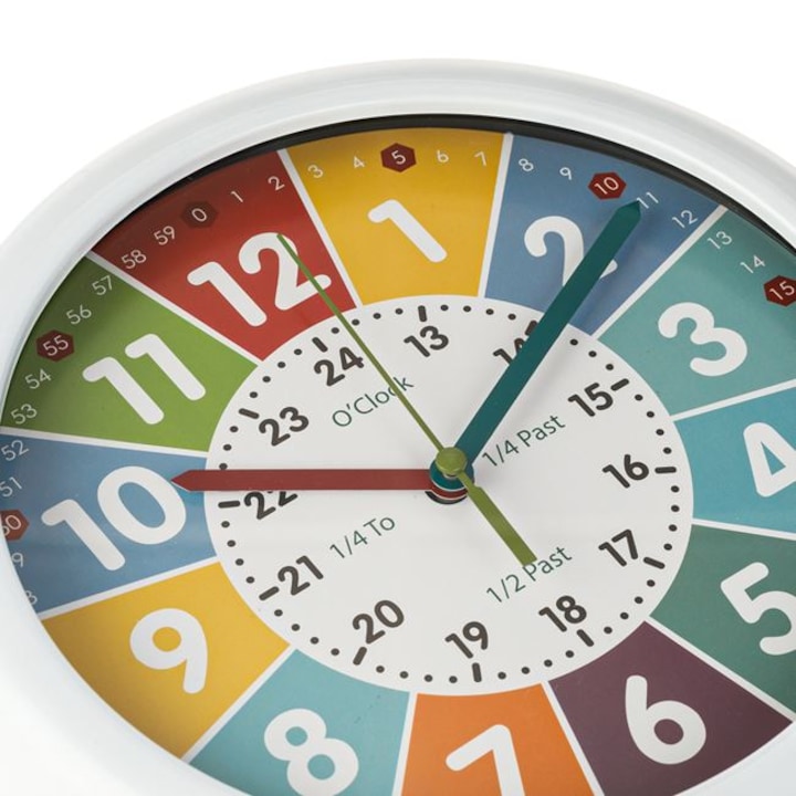 Ceas de perete educativ pentru copii, 21 x 21 x 4 cm, alb, sticla - plastic, functioneaza cu 1 bateria AA - MaxiBuy