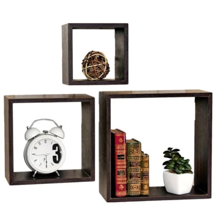Set de 3 cuburi tip rafturi suspendate, MDF cu sistem de fixare ascuns, wenge - MaxiBuy