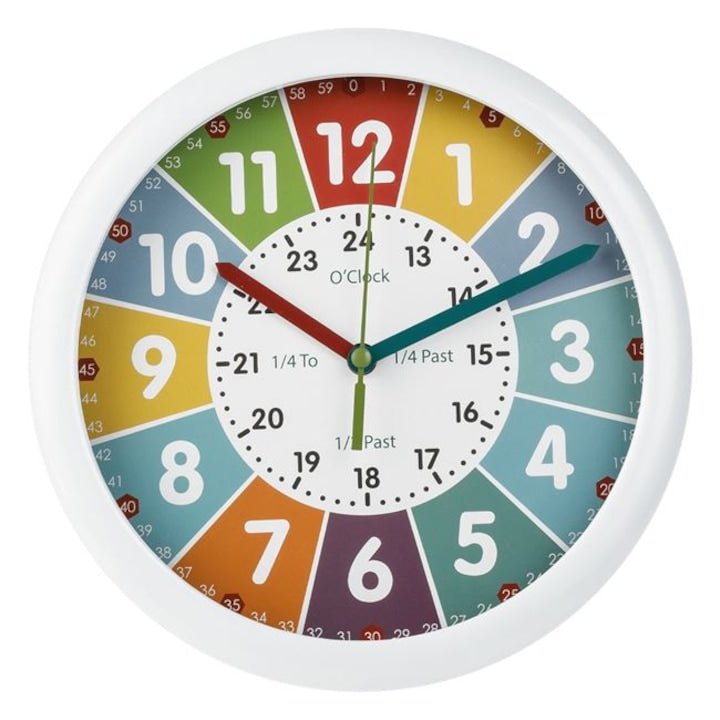 Ceas de perete educativ pentru copii, 21 x 21 x 4 cm, alb, sticla - plastic, functioneaza cu 1 bateria AA - MaxiBuy