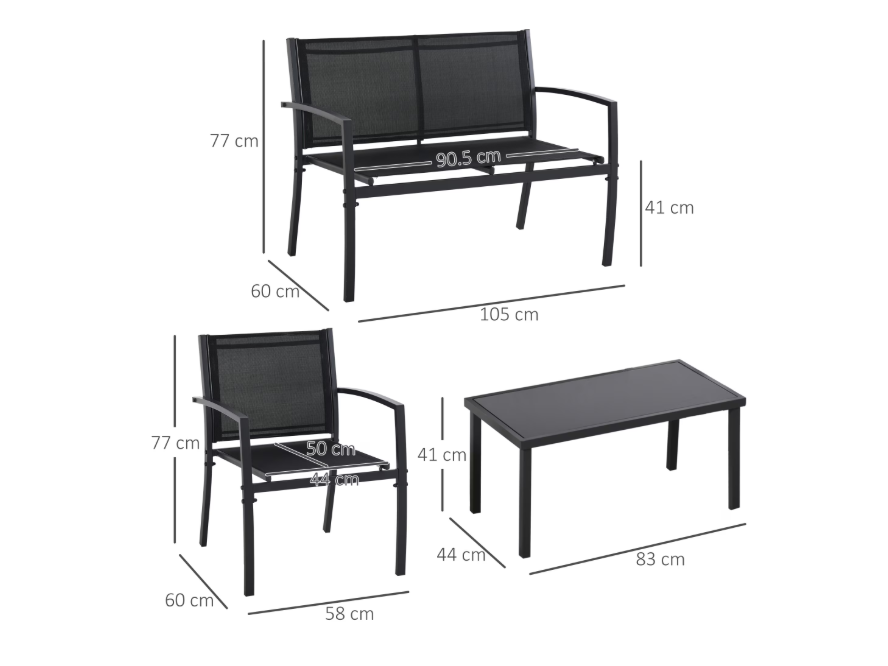 Set mobilier gradina, pentru 4 persoane, otel/textilen/sticla, gri / negru