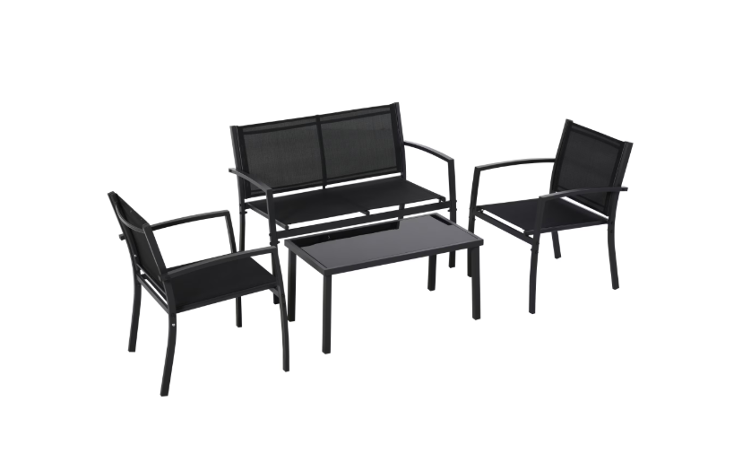 Set mobilier gradina, pentru 4 persoane, otel/textilen/sticla, gri / negru