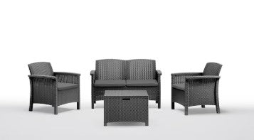 Set mobilier gradina/terasa Venetia, canapea 2 locuri, 2 fotolii, masuta depozitare, astpect ratan, polipropilena, perne incluse, grafit