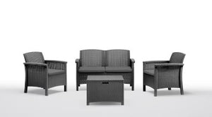 Set mobilier gradina/terasa Venetia, canapea 2 locuri, 2 fotolii, masuta depozitare, astpect ratan, polipropilena, perne incluse, grafit